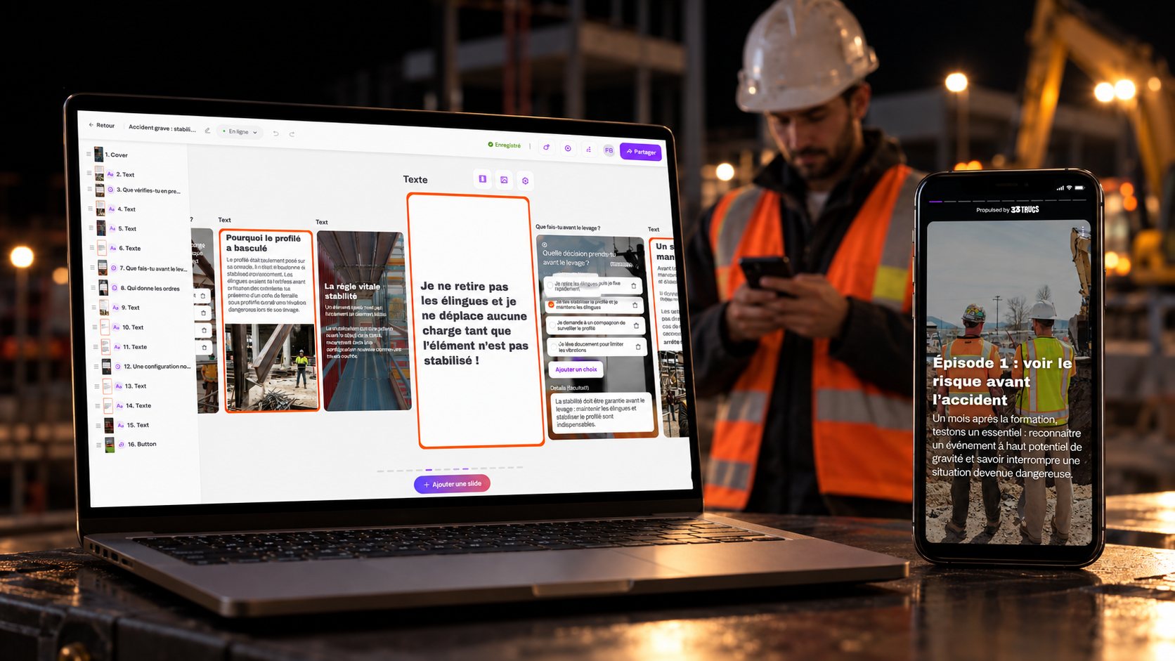 Éditeur 33 Trucs sur ordinateur portable et épisode de formation sécurité sur smartphone, devant un ouvrier de chantier en casque et gilet haute visibilité